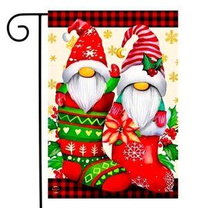 Christmas Garden Gnome Flag Holiday Stockings Vertical 12.5 in X 18 in Colorful